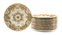 Twelve Royal Crown Derby Porcelain Dinner Plates, Diameter 8 7/8 inches.