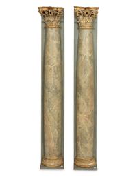 A Pair of Monumental Italian Polychrome Painted and Parcel Gilt Corinthian Column Pilasters