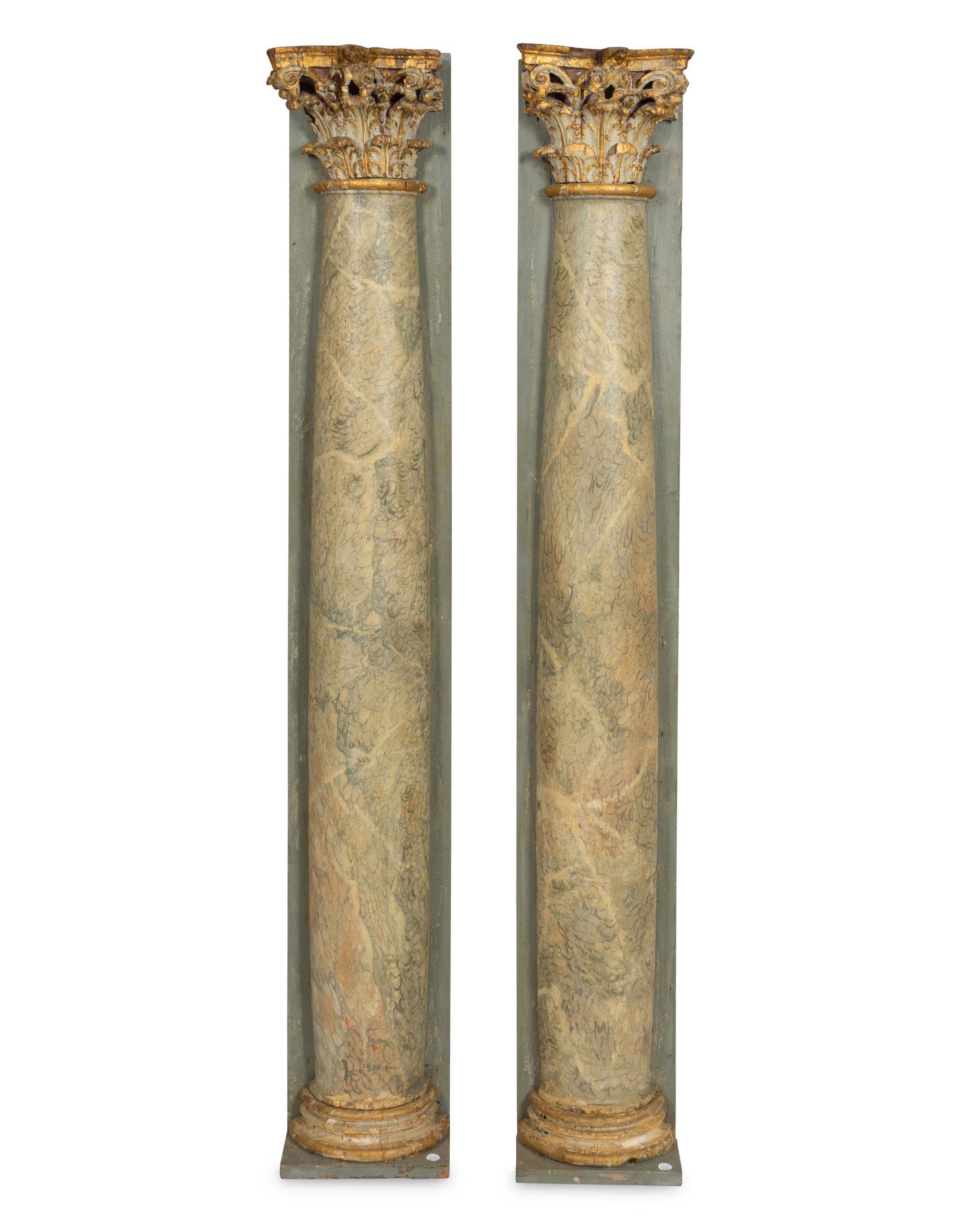 A Pair of Monumental Italian Polychrome Painted and Parcel Gilt Corinthian Column Pilasters