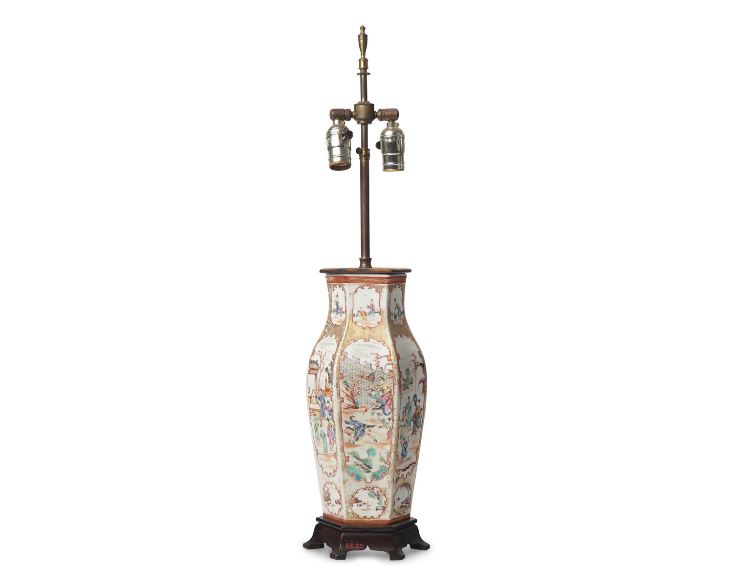 A Chinese Export Porcelain Famille Rose Hexagonal Vase Mounted as a Lamp