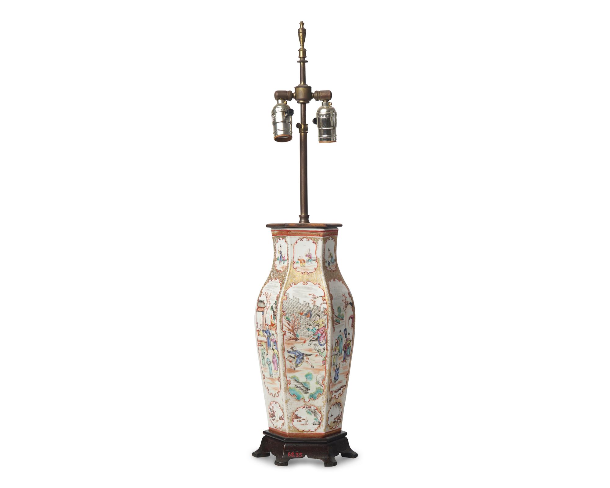 A Chinese Export Porcelain Famille Rose Hexagonal Vase Mounted as a Lamp