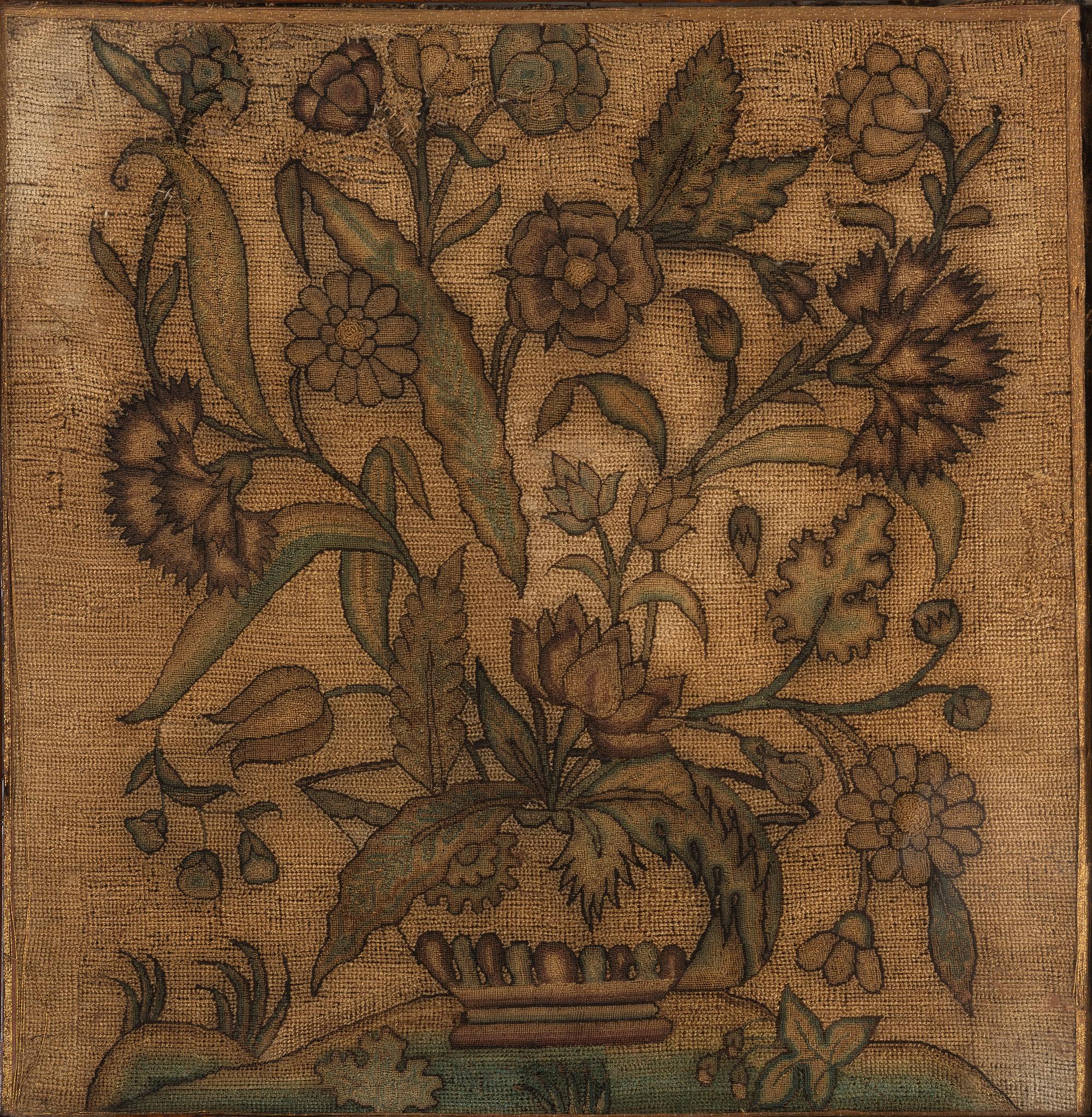 A Needlework Embroidered Picture of a Basket of Flowers