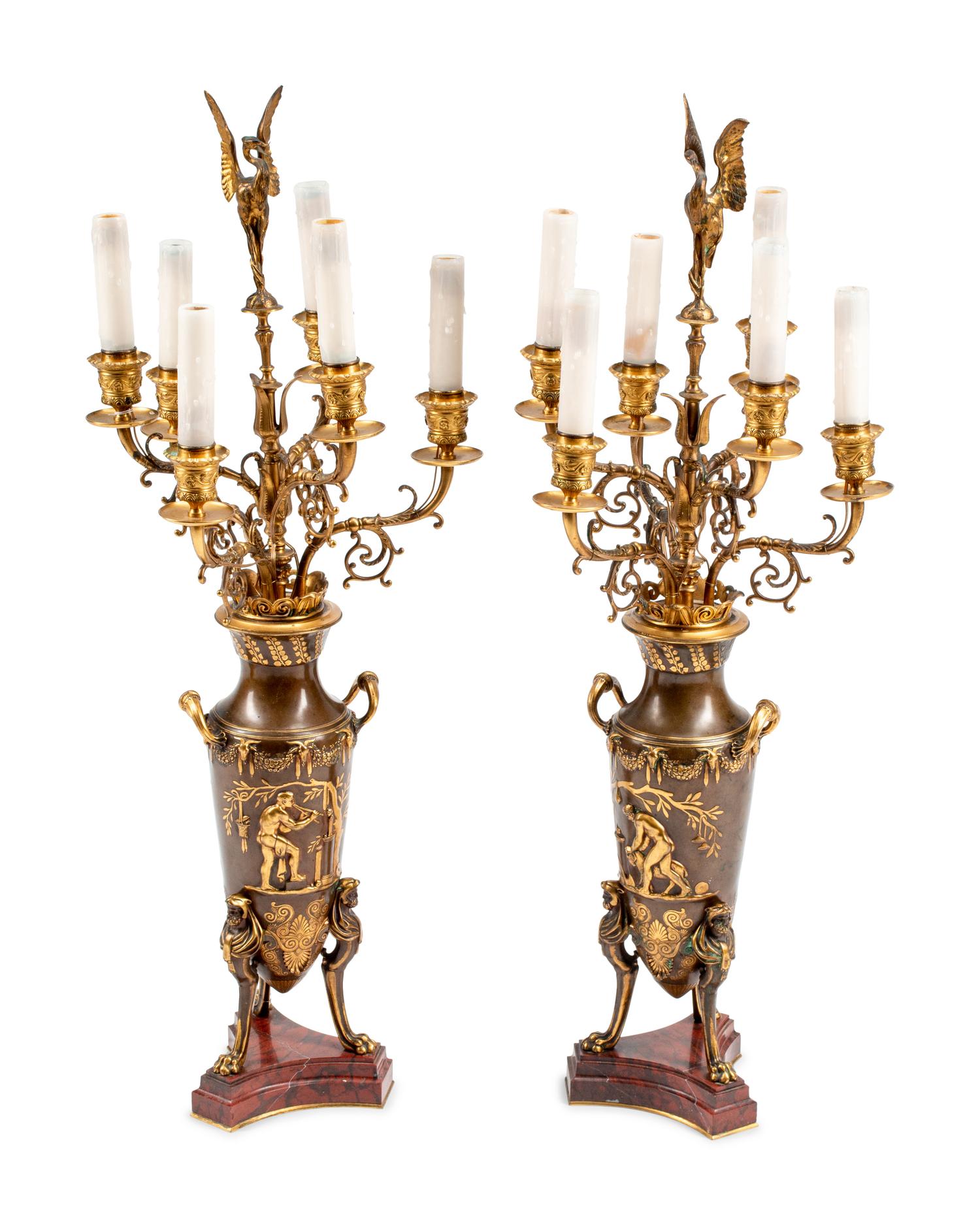 A Pair of French Neoclassical Bronze and Marble Six-Light Candelabra