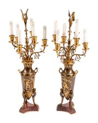 A Pair of French Neoclassical Bronze and Marble Six-Light Candelabra