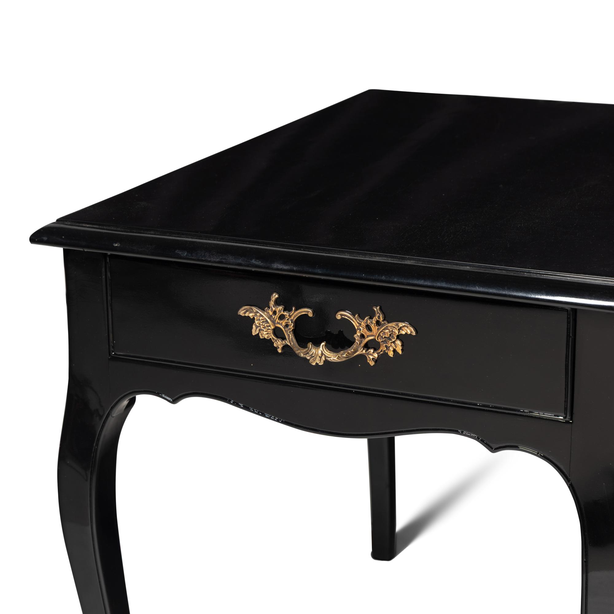A Pair of Louis XV Style Black Painted and Gilt Bronze Mounted Side Tables