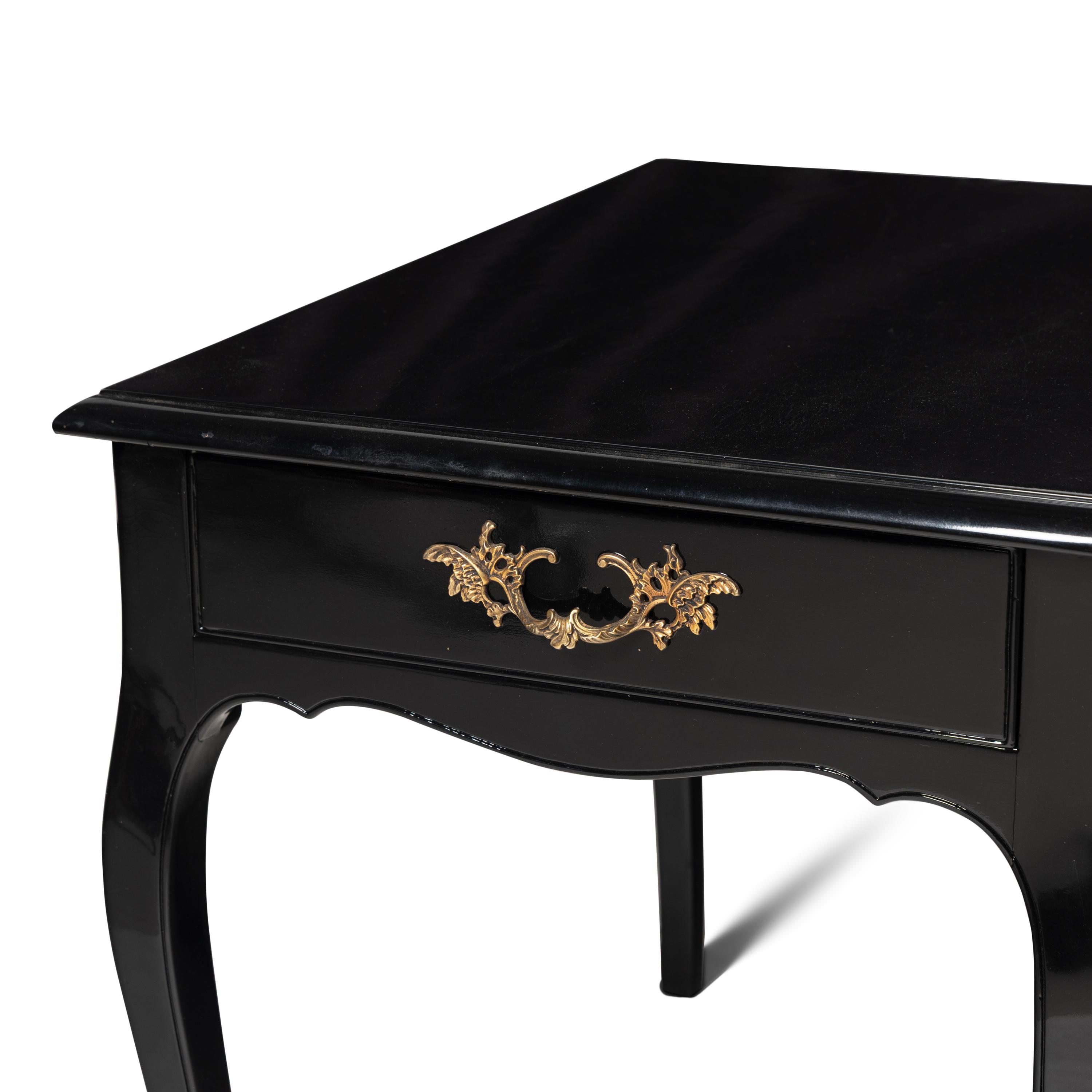 A Pair of Louis XV Style Black Painted and Gilt Bronze Mounted Side Tables