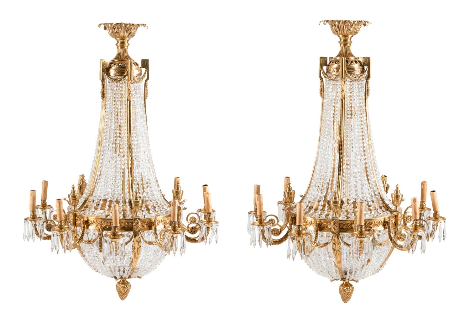A Pair of French Neoclassical Style Gilt Bronze Chandeliers
