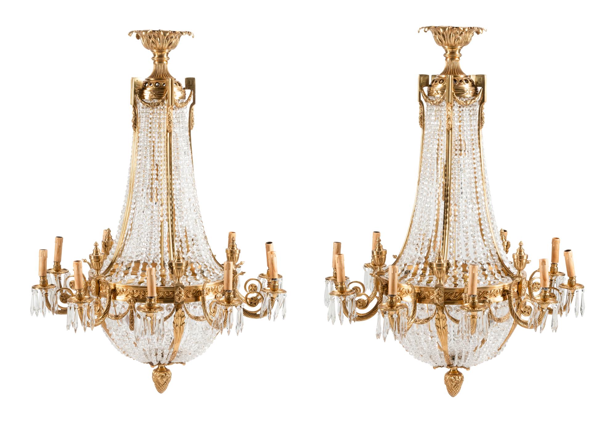 A Pair of French Neoclassical Style Gilt Bronze Chandeliers