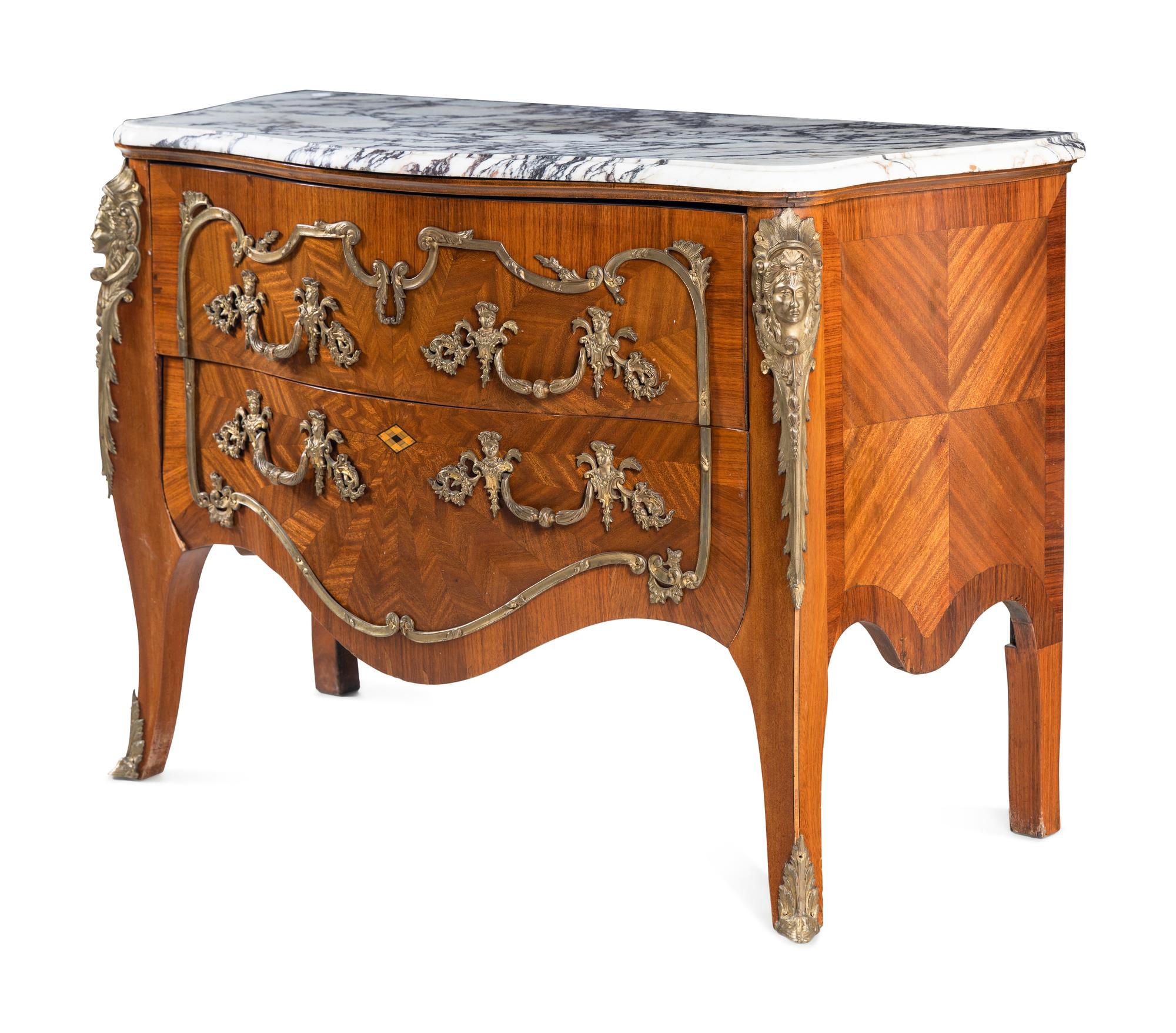 A Louis XV Style Gilt Bronze Mounted Parquetry Marble-Top Commode