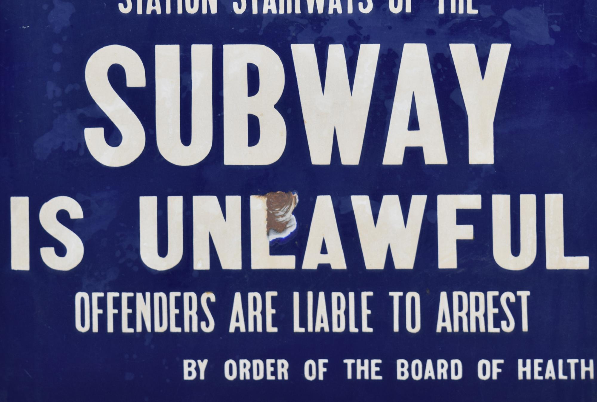 A New York City Subway Porcelain No Smoking Sign 21.5" W x .75" D x 28" H — United States, Early 20th Century