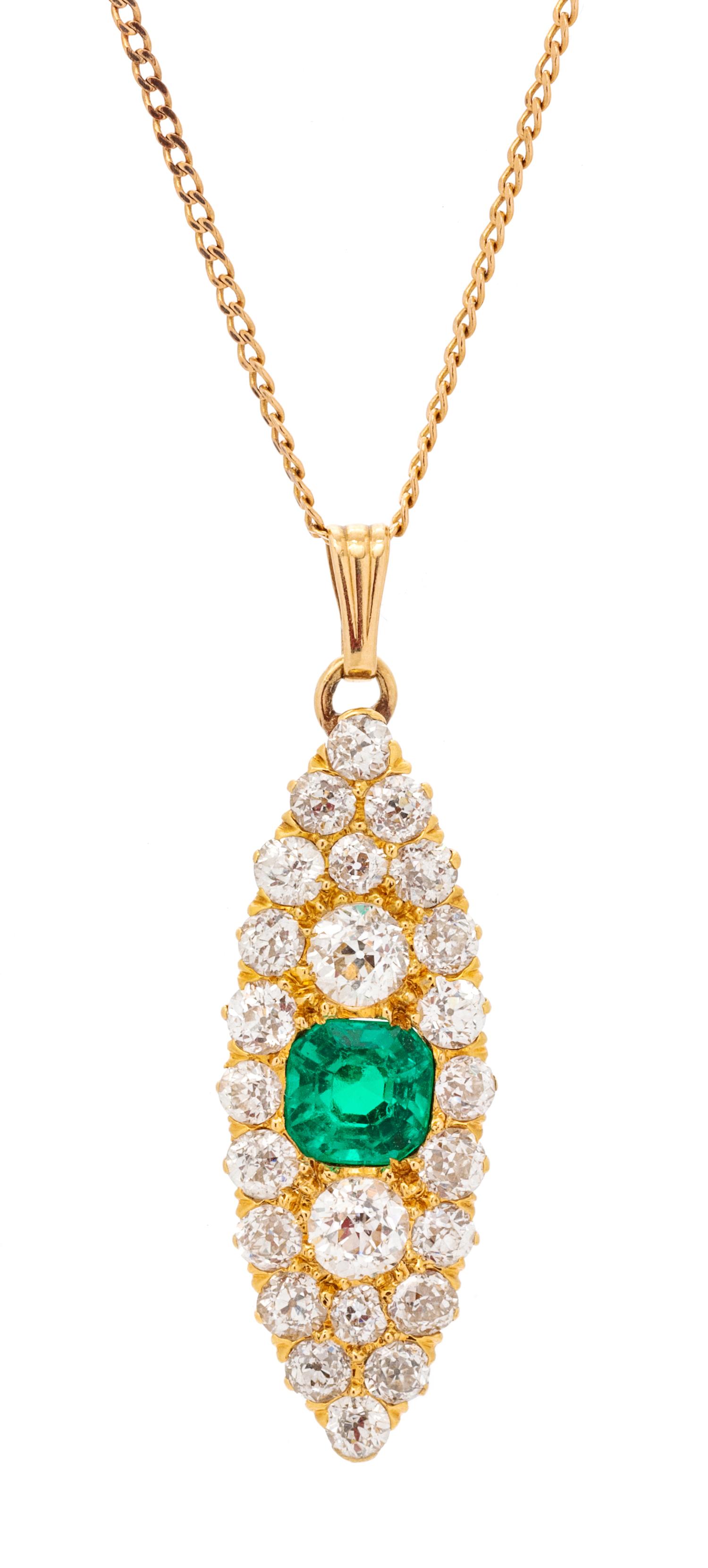 A Yellow Gold, Emerald and Diamond Pendant/Necklace, 2.90 dwts.