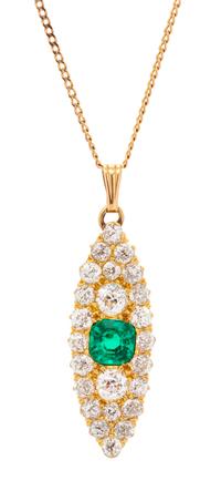 A Yellow Gold, Emerald and Diamond Pendant/Necklace, 2.90 dwts.