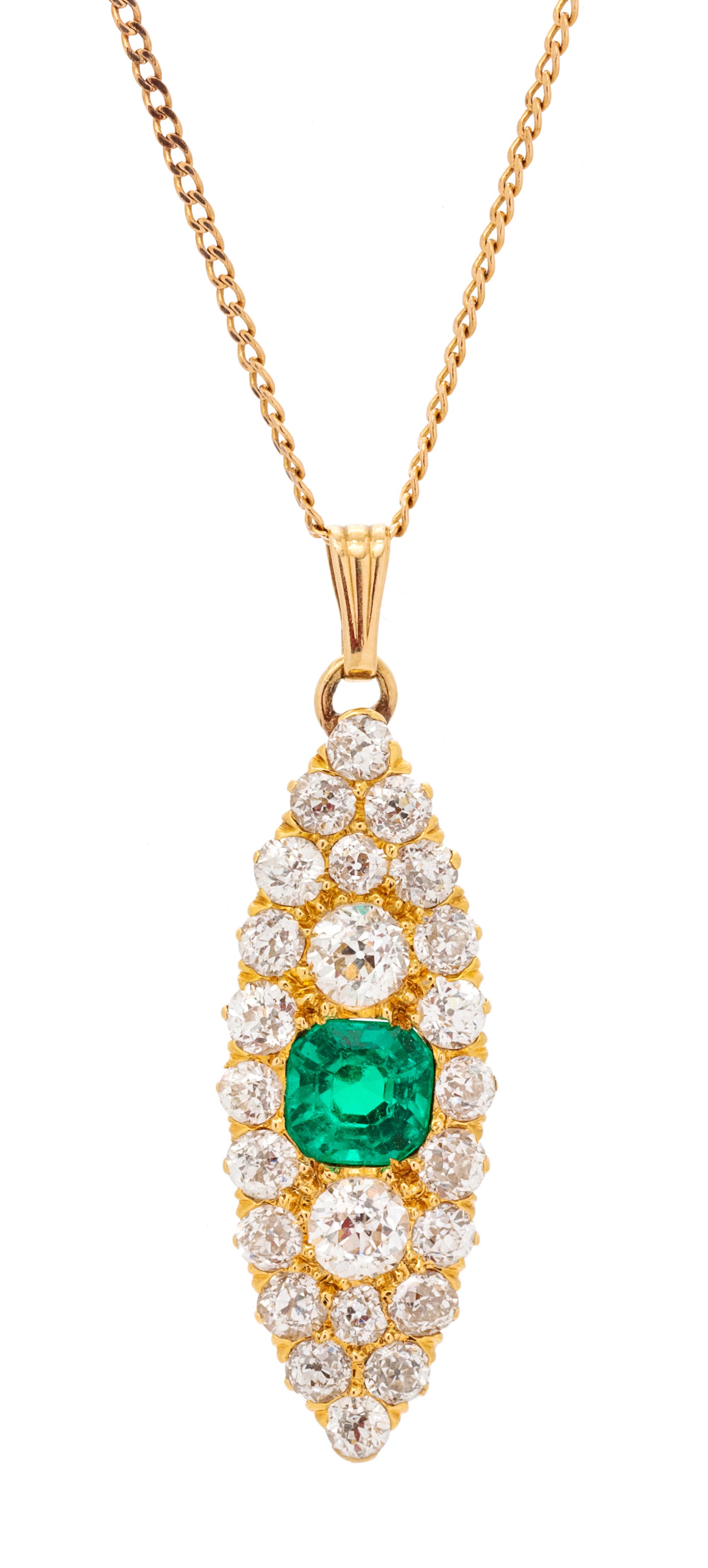 A Yellow Gold, Emerald and Diamond Pendant/Necklace, 2.90 dwts.
