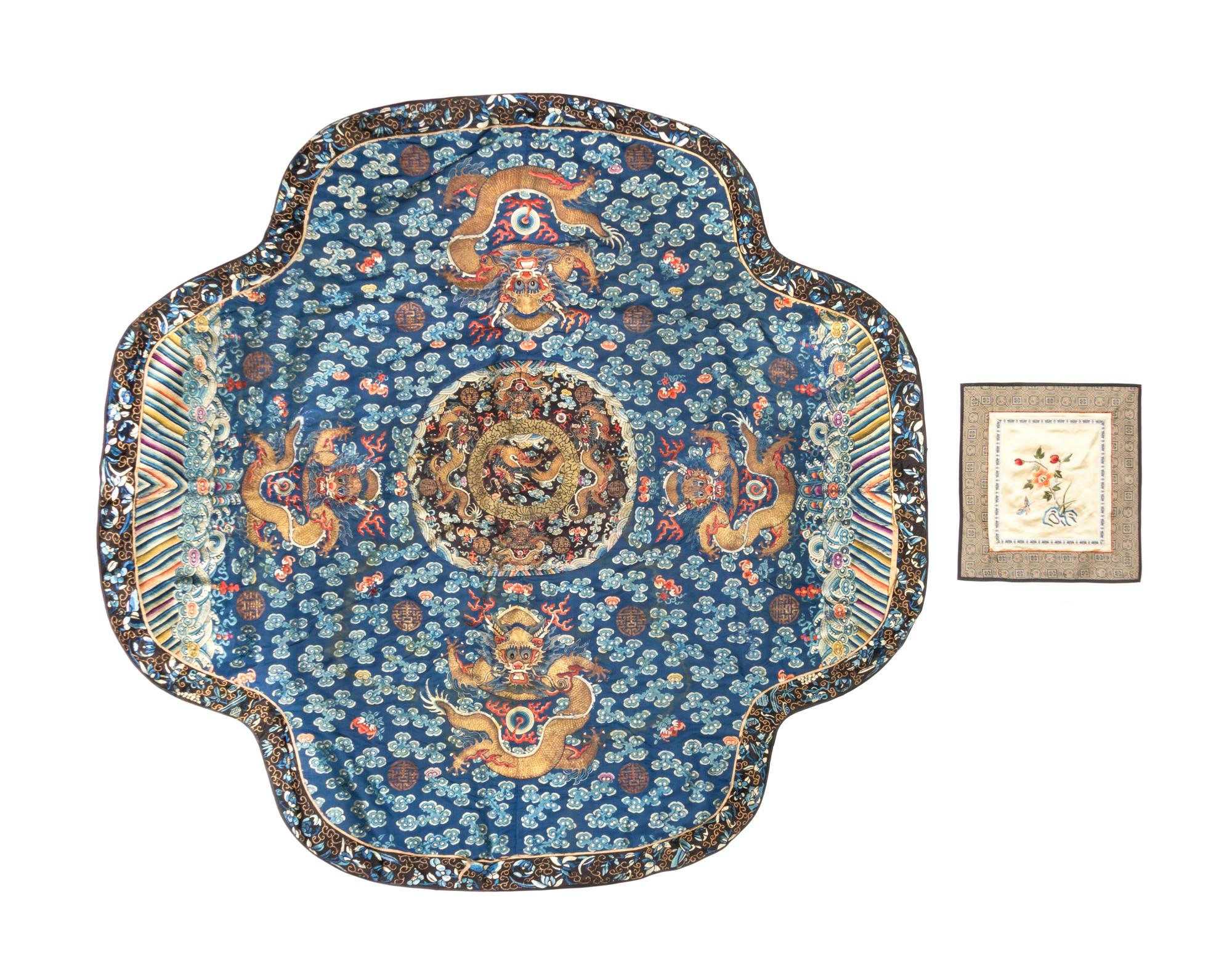 A Chinese Embroidered Silk Seat Cover Length of largest 45 3/4 inches. — 18TH/19TH CENTURY
