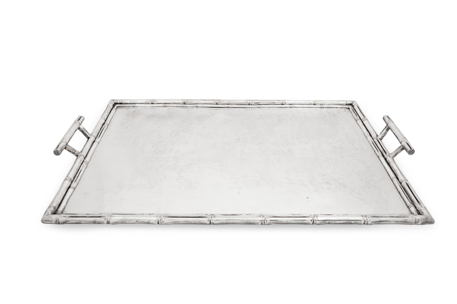 A Large Silver-Plate Faux Bamboo Tray