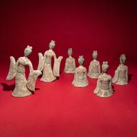 A Group of Seven Chinese Painted Pottery Figures of Musicians and Dancers, Sui-Tang Dynasty — 隋-唐 彩繪陶伎樂舞俑一組七件
