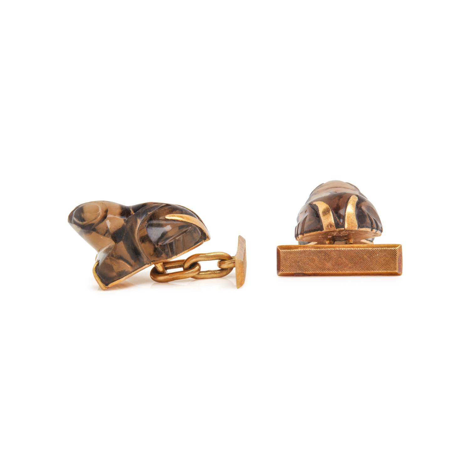 YELLOW GOLD AND SMOKY QUARTZ FROG CUFFLINKS