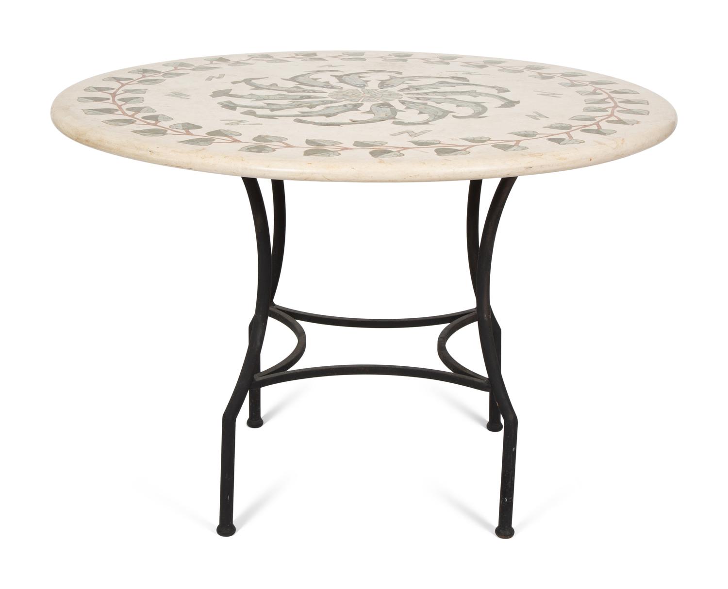 A Mosaic Inlaid Stone Top Table on a Metal Base — 20TH CENTURY