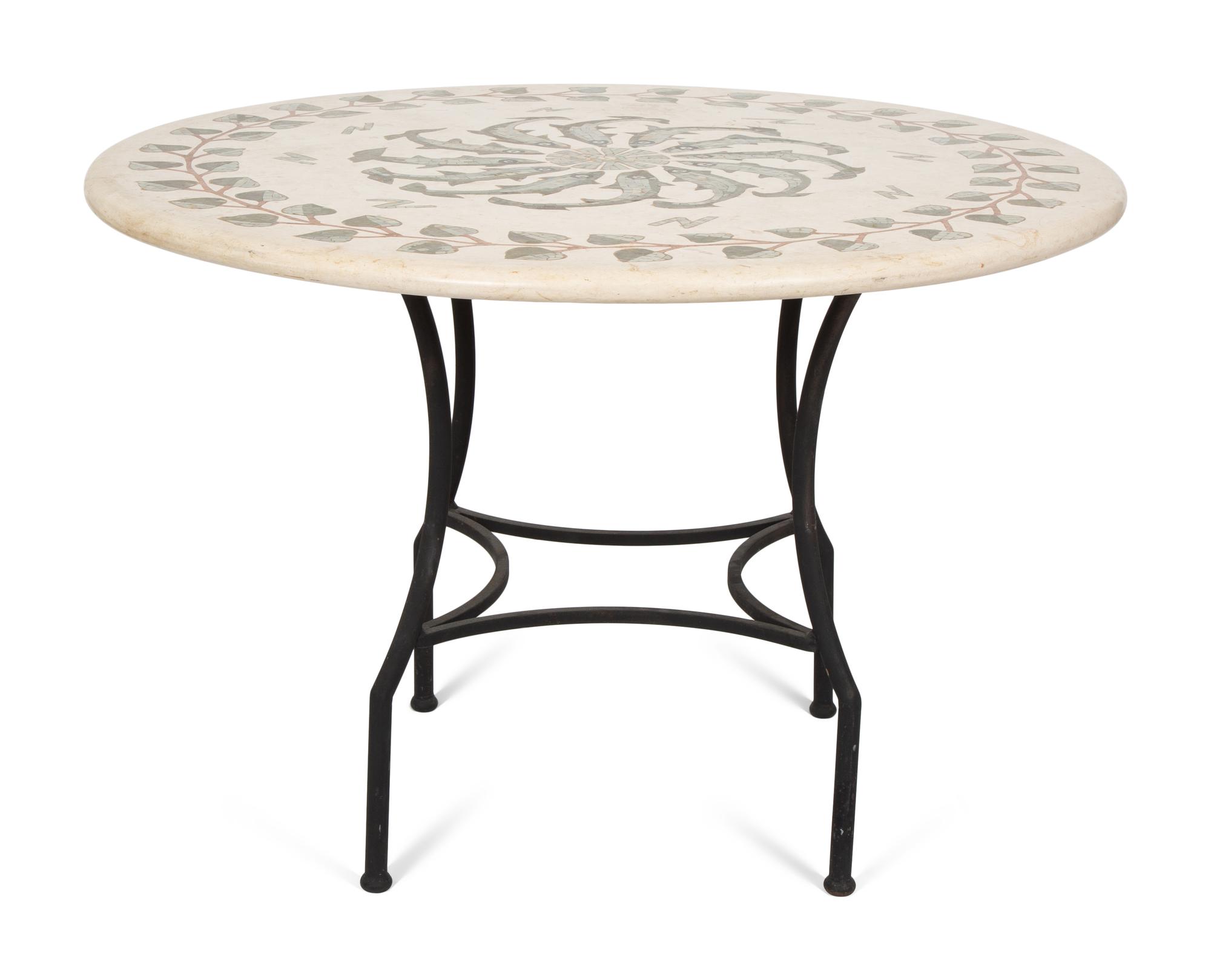 A Mosaic Inlaid Stone Top Table on a Metal Base — 20TH CENTURY