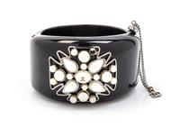 A Chanel Black Resin and Faux Pearl Maltese Cross Hinged Bangle Bracelet,