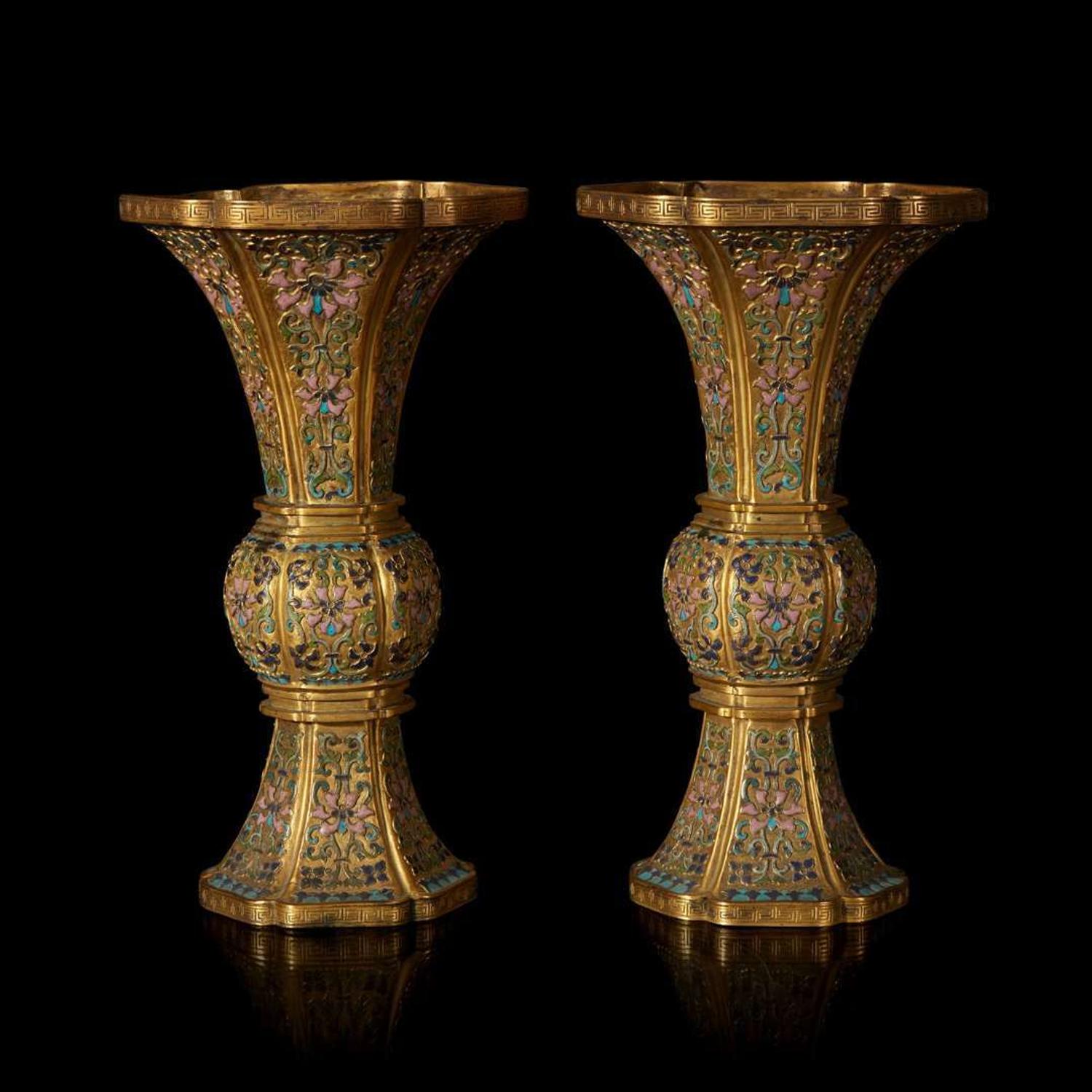 An exceptional pair of Chinese champlevé cloisonné enamel gilt metal gu-form vases 铜鎏金锤鍱珐琅花觚一对 18th/19th century ???????