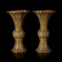 An exceptional pair of Chinese champlevé cloisonné enamel gilt metal gu-form vases 铜鎏金锤鍱珐琅花觚一对 18th/19th century ???????