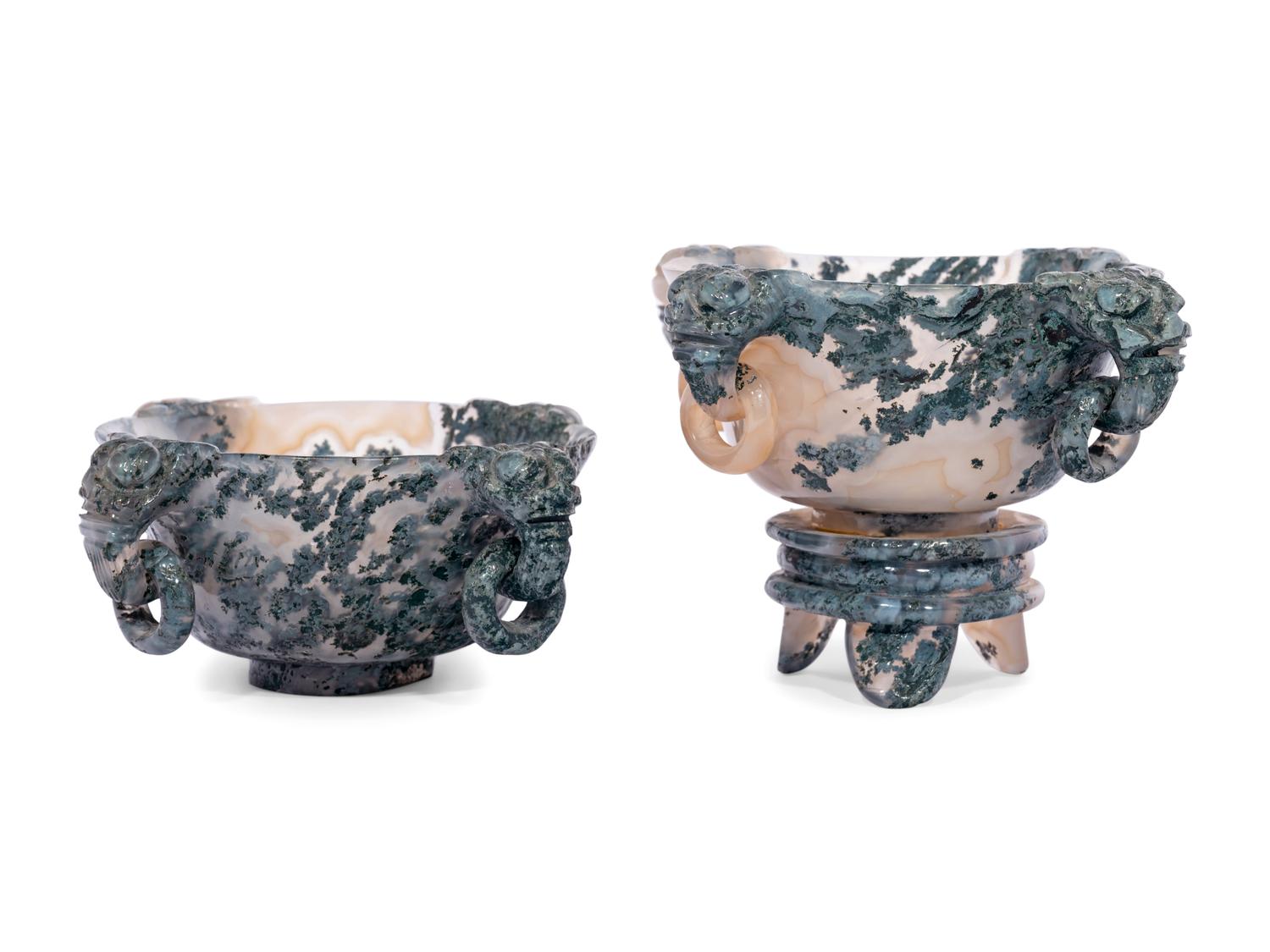 A Pair of Chinese Carved Black and Banded Agate Libation Cups and Stands
