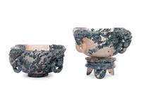 A Pair of Chinese Carved Black and Banded Agate Libation Cups and Stands