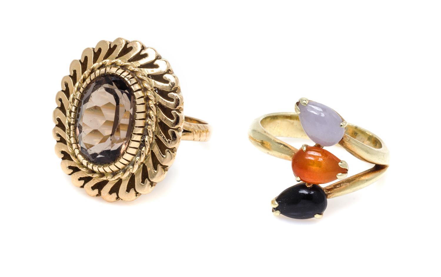 A Collection of 14 Karat Yellow Gold and Gemstone Rings, 7.40 dwts.