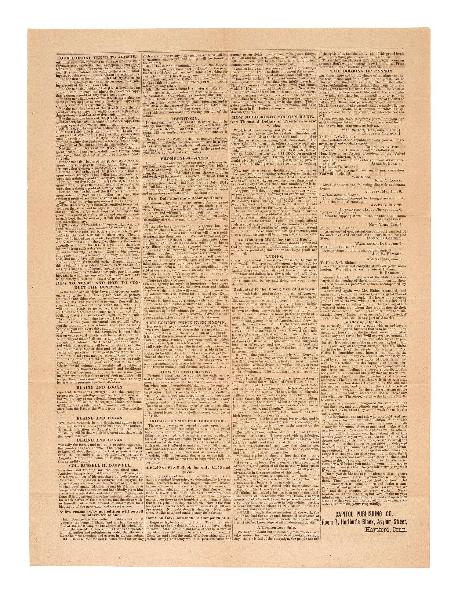 [1884 ELECTION]. -- [BLAINE, James G.]. Broadsides from the 1884 Blaine and Logan campaign, comprising: