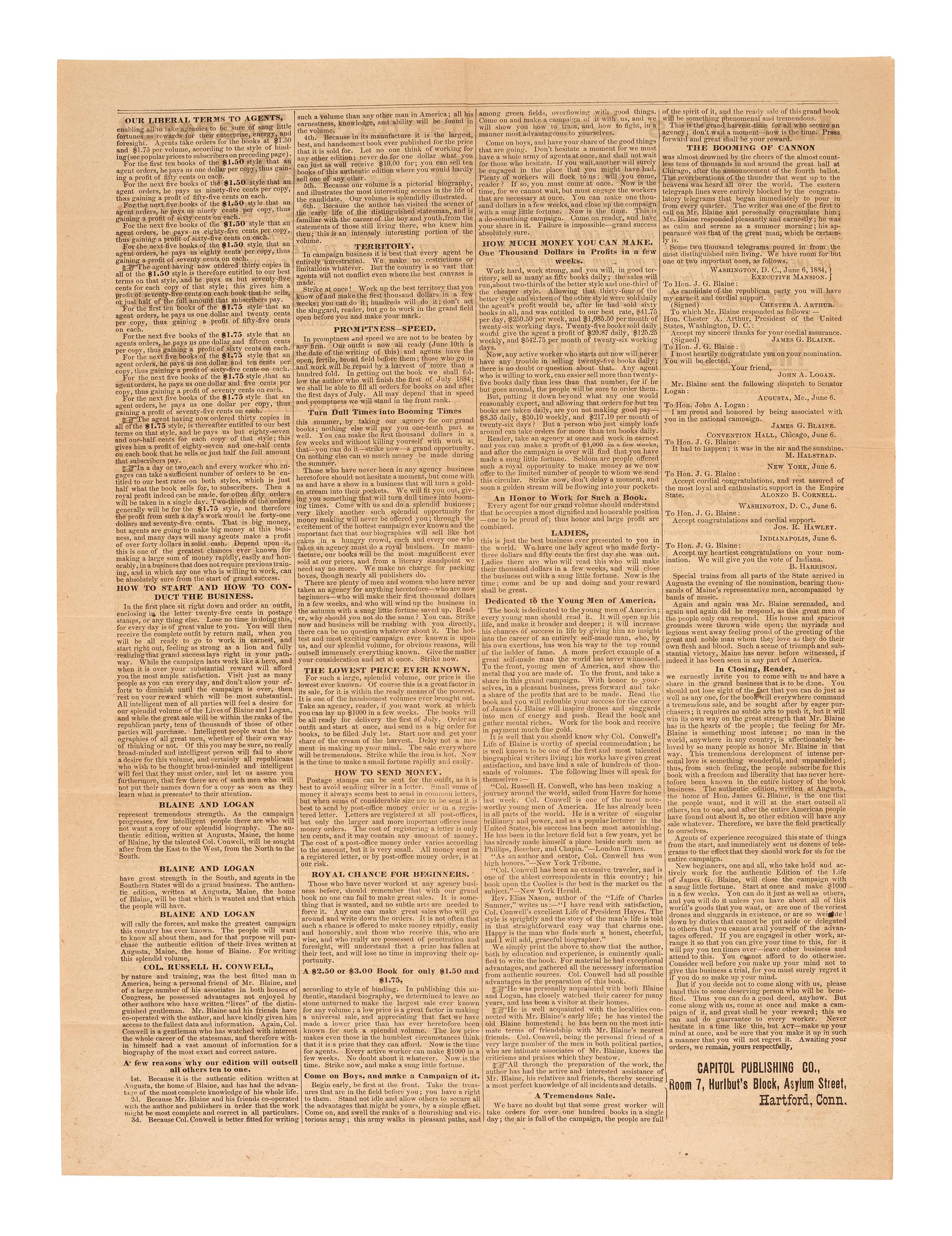 [1884 ELECTION]. -- [BLAINE, James G.]. Broadsides from the 1884 Blaine and Logan campaign, comprising: