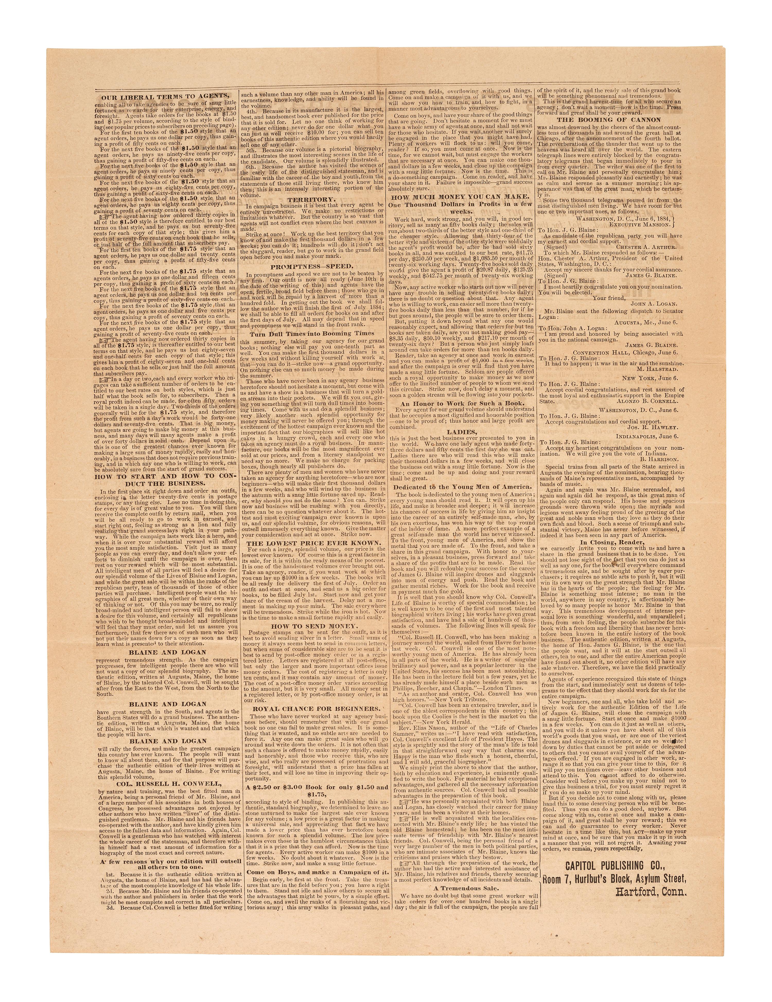 [1884 ELECTION]. -- [BLAINE, James G.]. Broadsides from the 1884 Blaine and Logan campaign, comprising:
