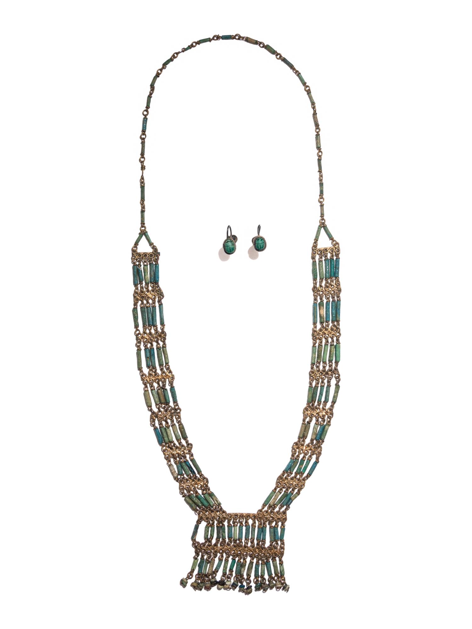 An Egyptian Bead and Faience Necklace with Scarab Earrings