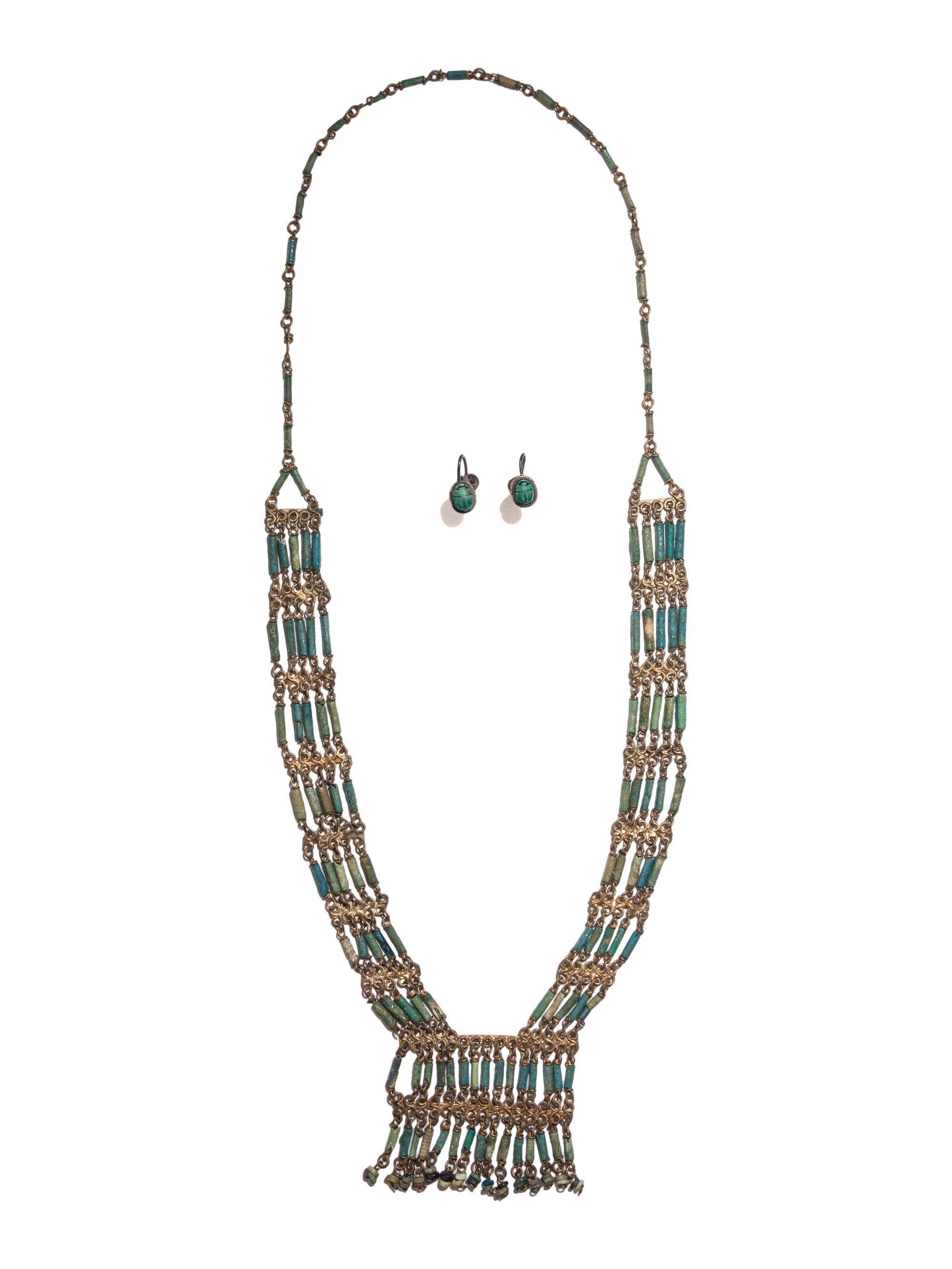 An Egyptian Bead and Faience Necklace with Scarab Earrings