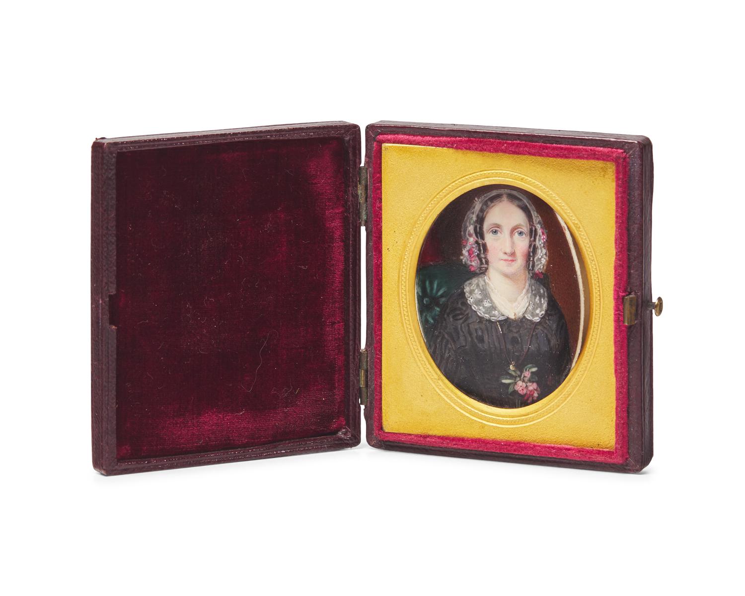 Attributed to Annie Dixon (English, 1817-1901), A Portrait Miniature of a Lady in Black Dress, Lace Collar, and Bonnet