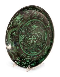 A Chinese Green Enameled Black Ground Porcelain 'Dragon' Plate