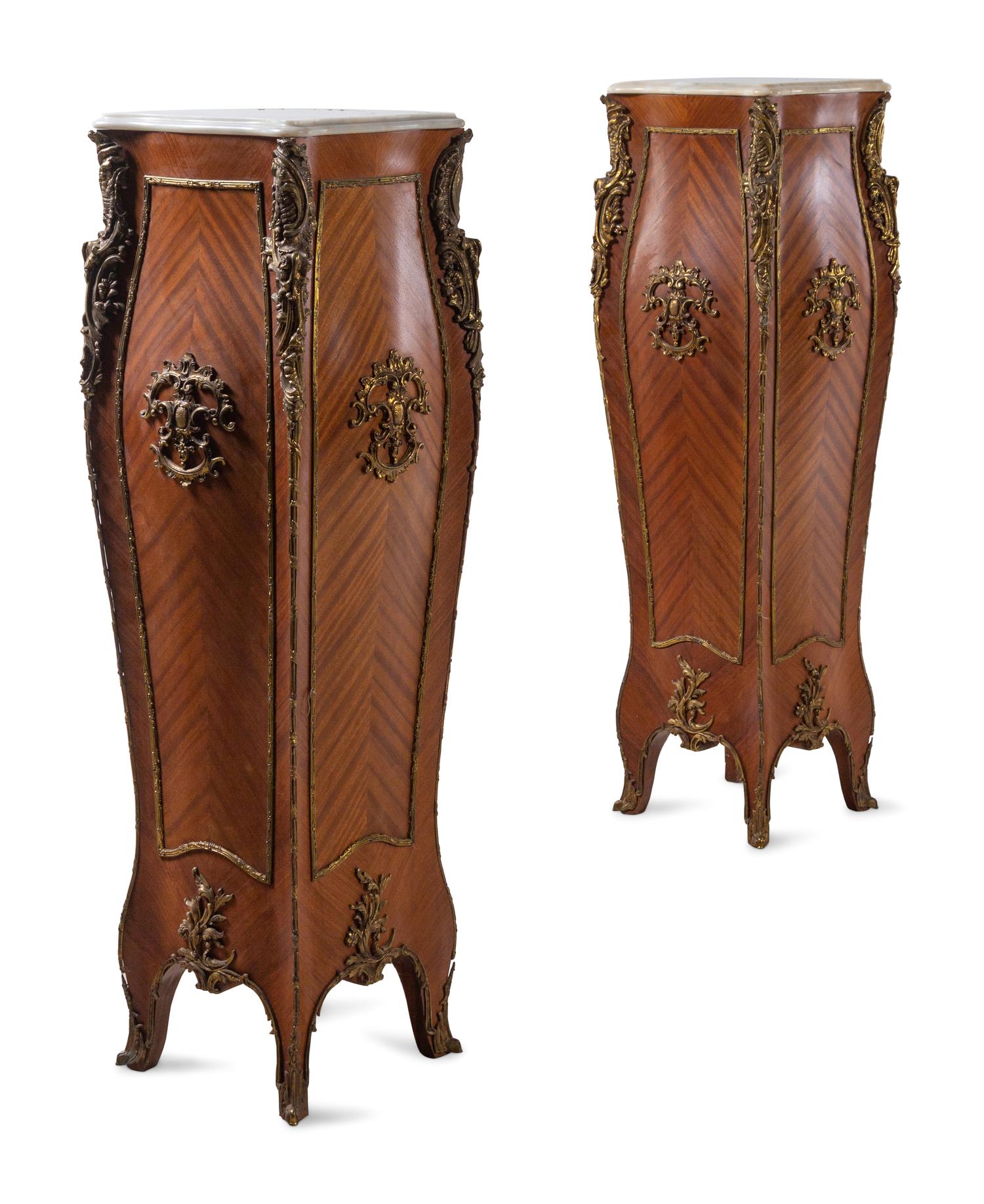 A Pair of Louis XV Style Gilt Metal Mounted Marble-Top Pedestals
