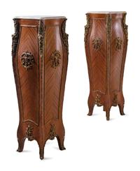 A Pair of Louis XV Style Gilt Metal Mounted Marble-Top Pedestals