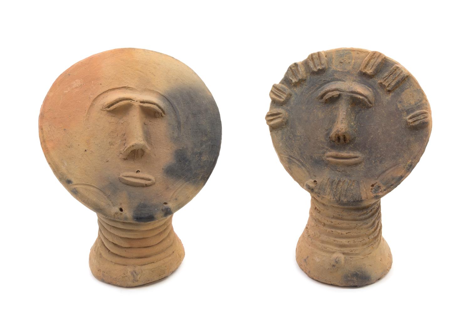 Two Akan Style Terracotta Heads Height of tallest 12 1/2 inches.