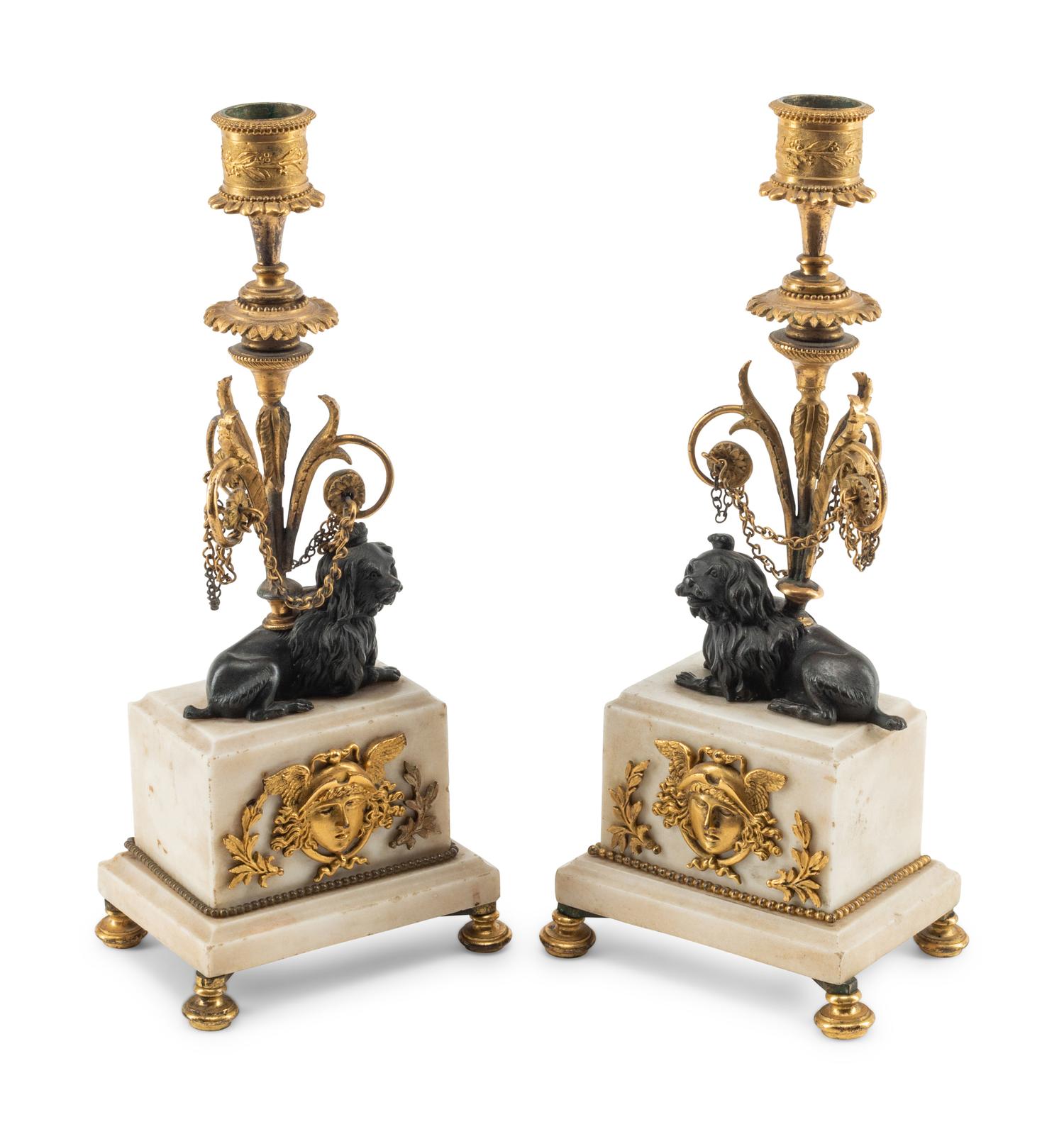 A Pair of Louis Philippe Bronze and Marble Candlesticks