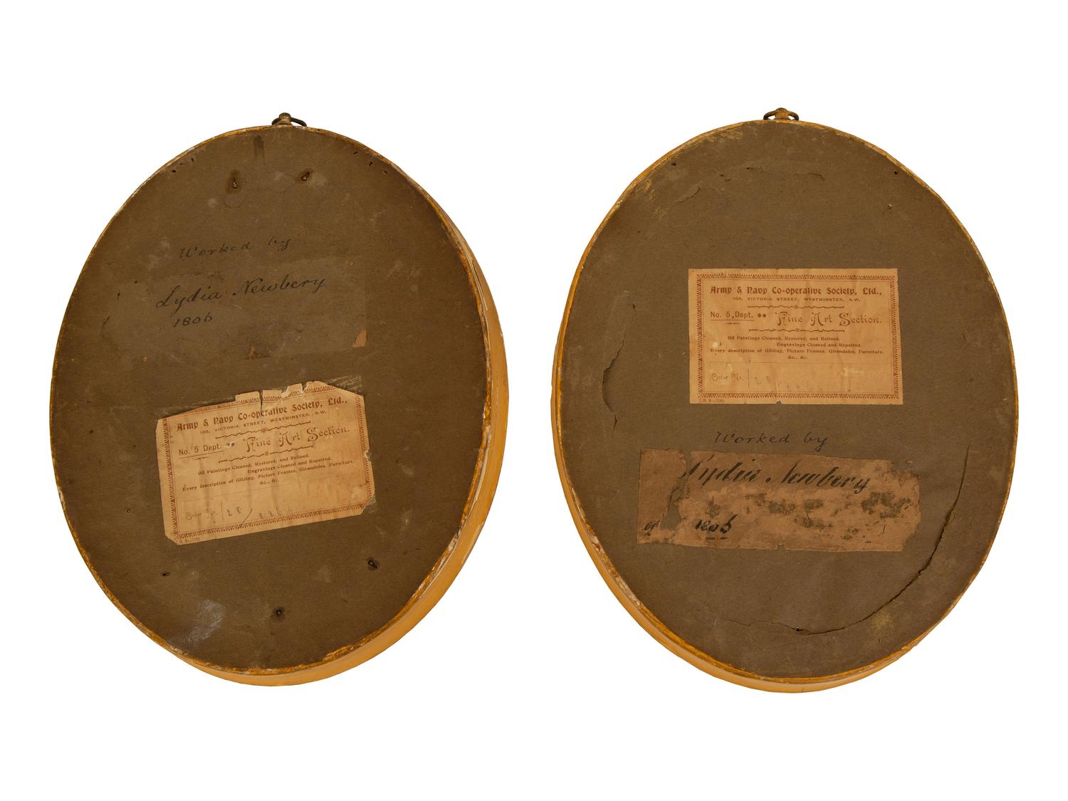 A Pair of English Silk Embroidered and Painted Pictures in Oval Giltwood Frames — 19TH CENTURY