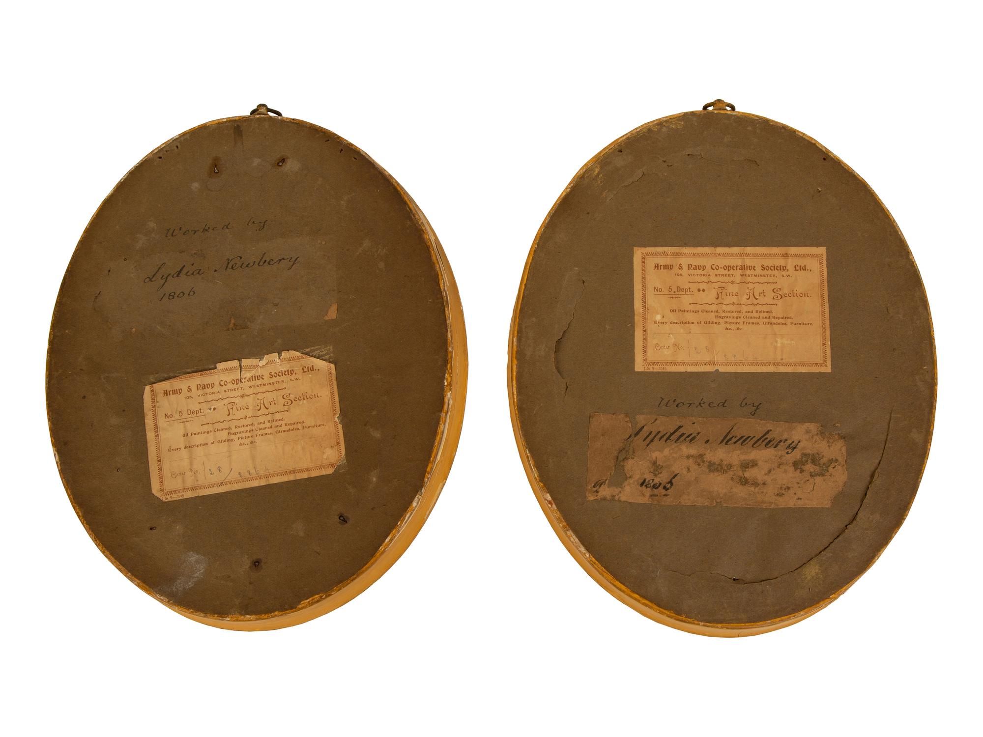 A Pair of English Silk Embroidered and Painted Pictures in Oval Giltwood Frames — 19TH CENTURY