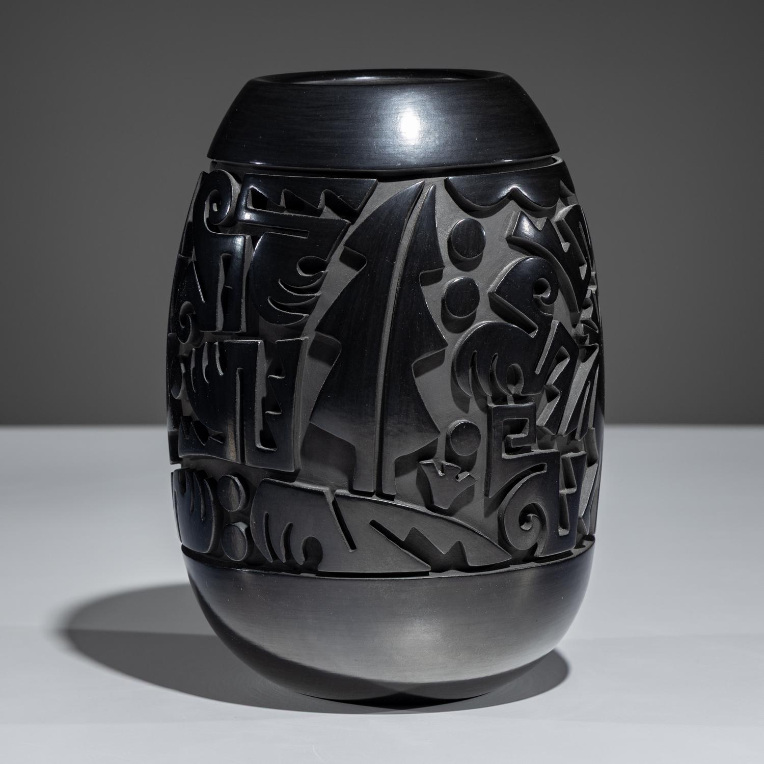 Carved Figural Blackware Pottery Vase November 1994