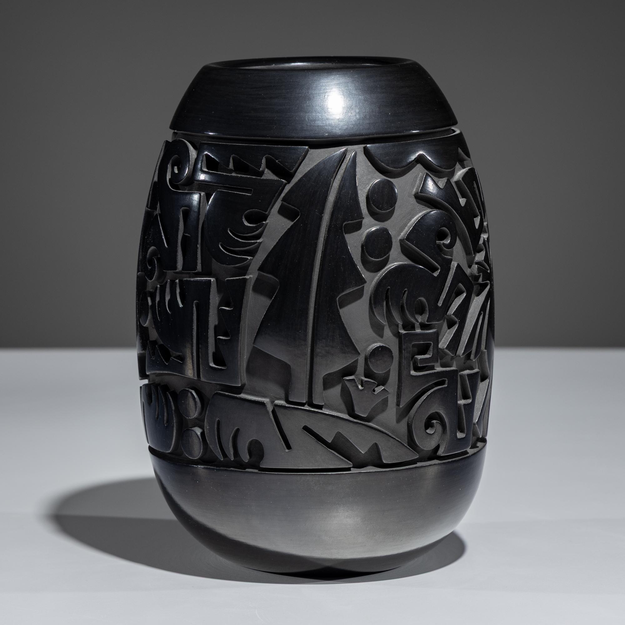Carved Figural Blackware Pottery Vase November 1994
