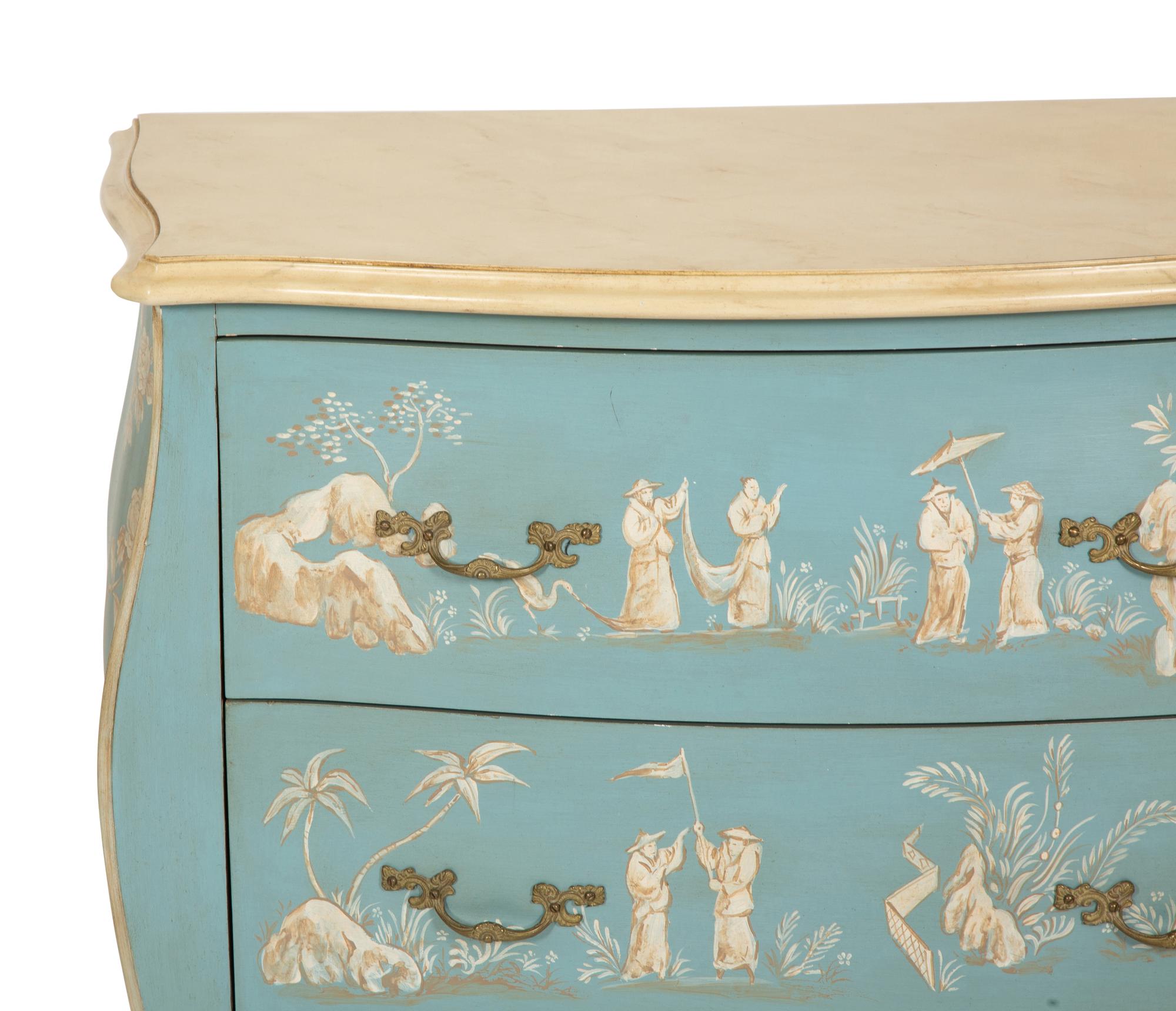 A Louis XV Style Painted Bombe Commode with Chinoiserie Decoration