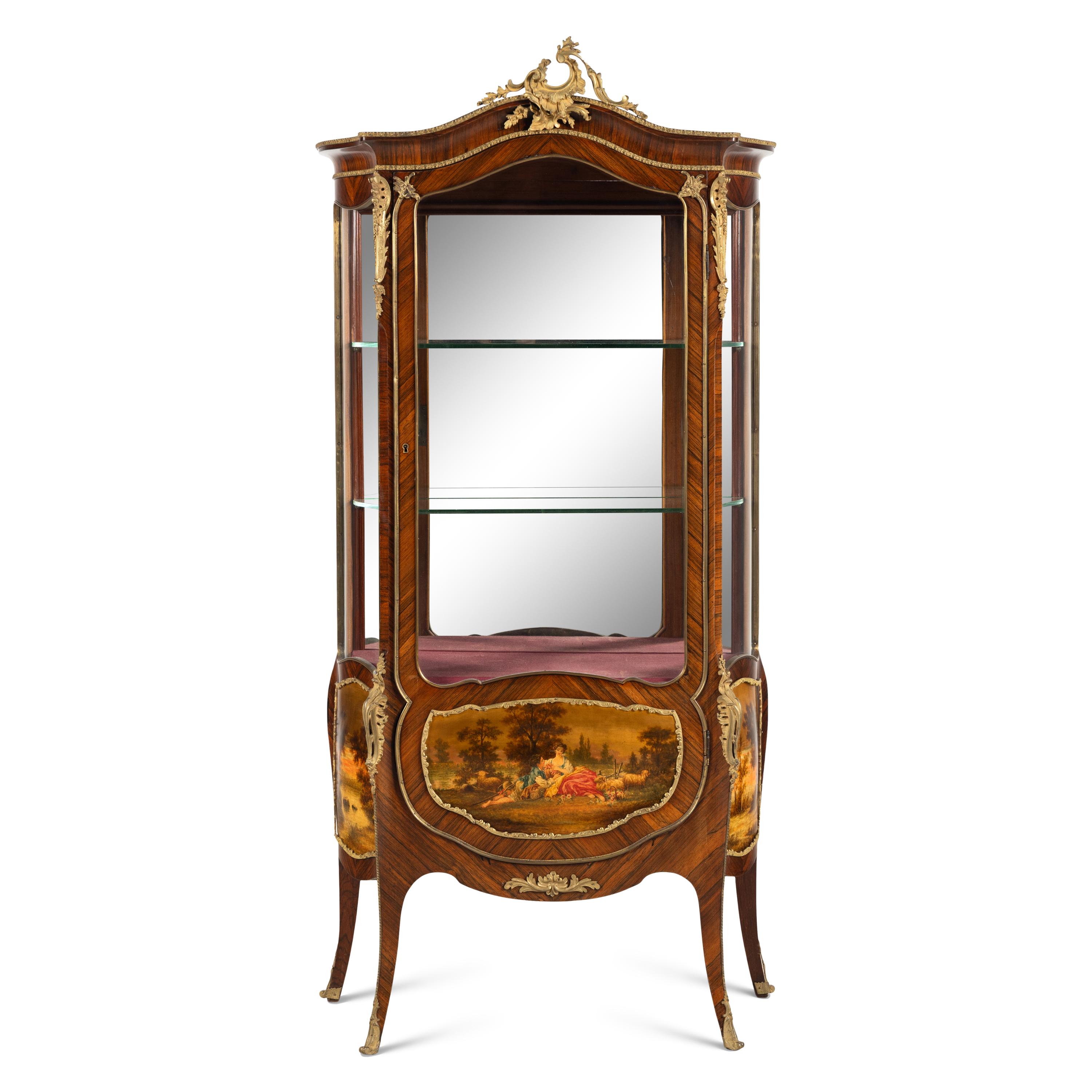 A Pair of Louis XV Style Kingwood, Vernis Martin and Gilt Bronze Mounted Vitrine Cabinets