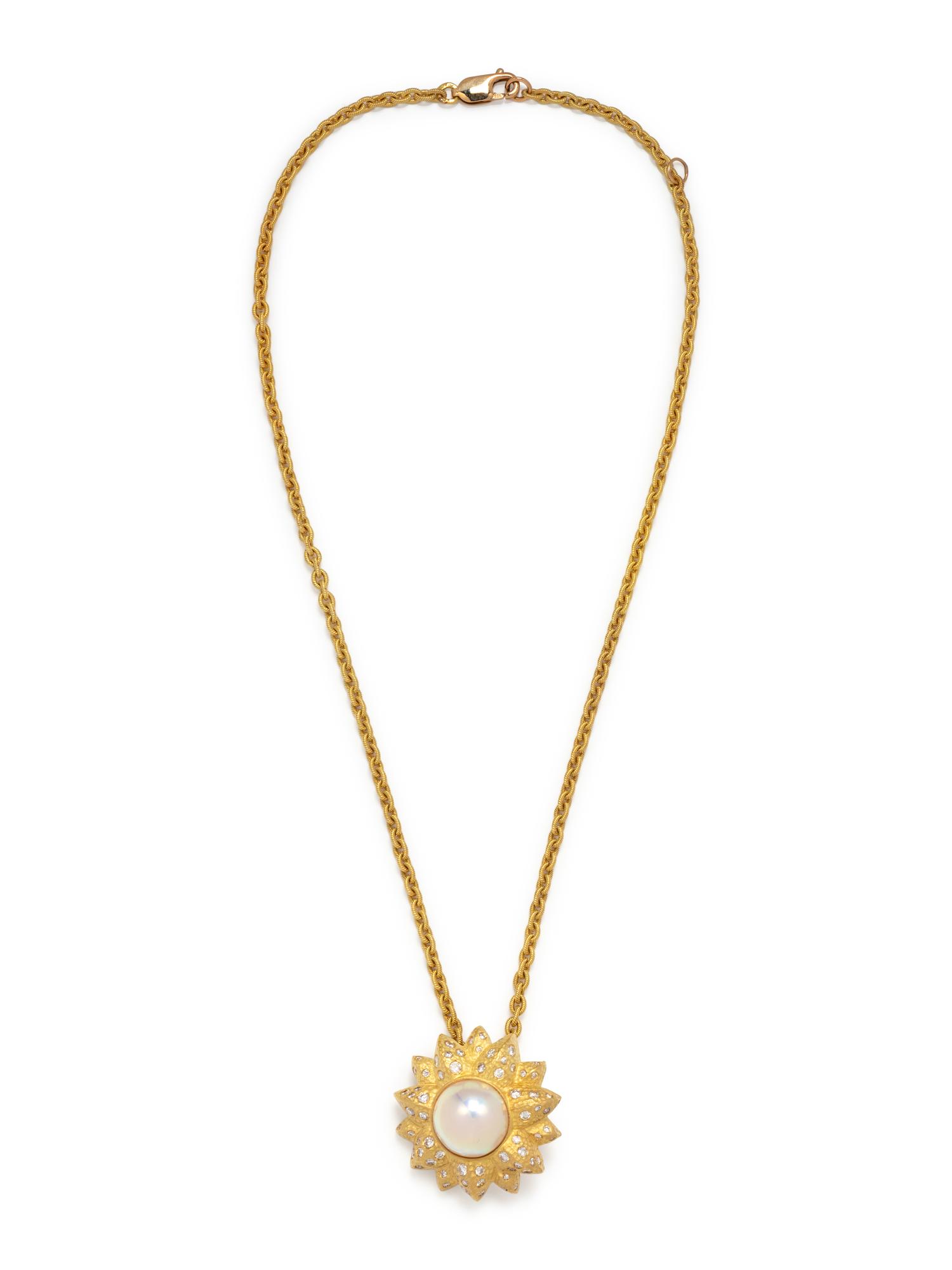 YELLOW GOLD, CULTURED MABE PEARL AND DIAMOND PENDANT/NECKLACE