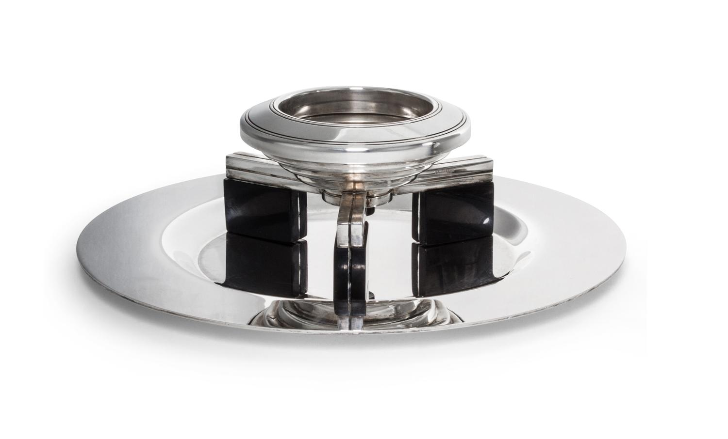 A French Silver-Plate Caviar Server, 20th Century, of circular, tripod form with conforming tray.