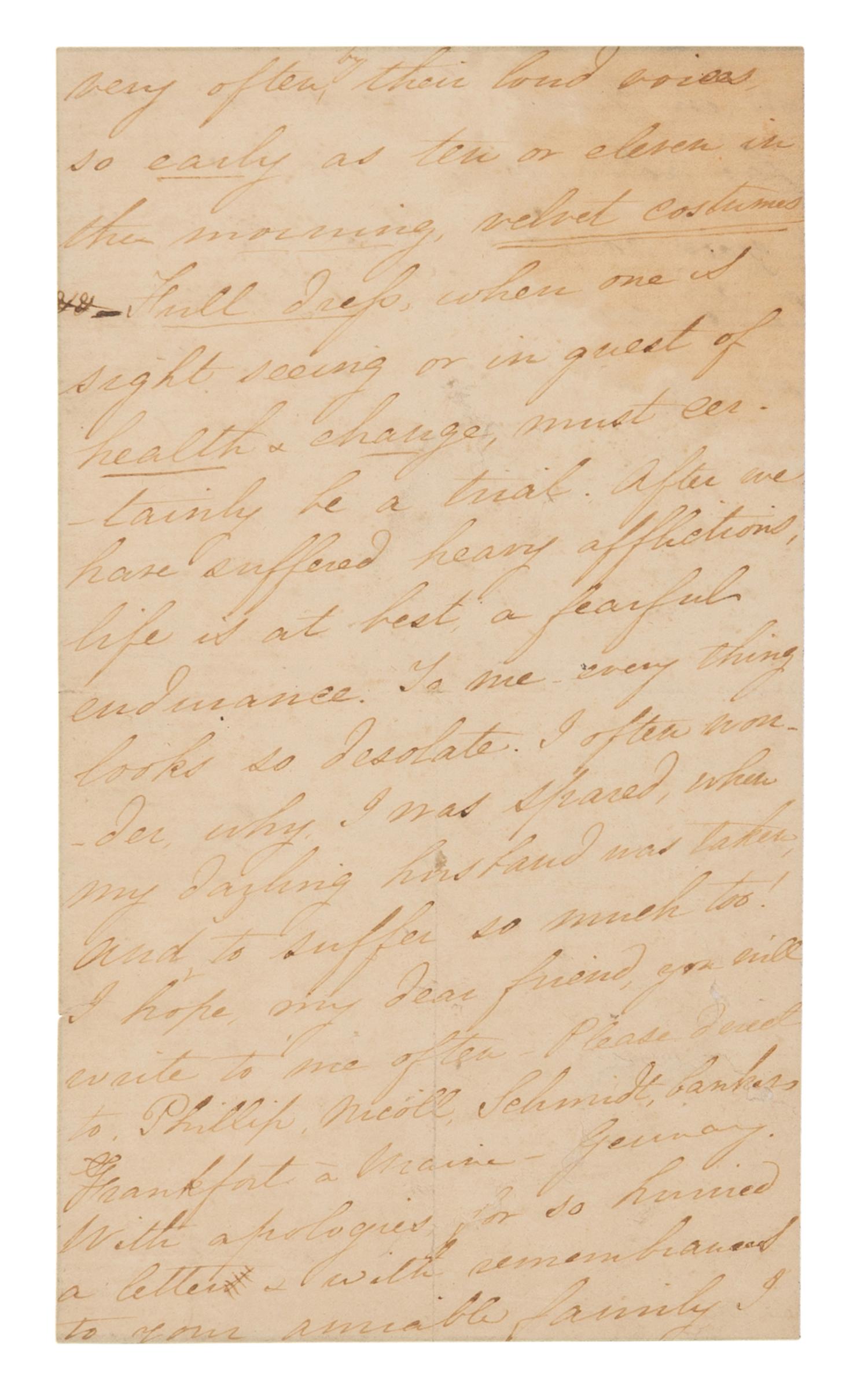 LINCOLN, Mary Todd (1818-1882). Autograph letter signed ("Mary Lincoln"), to Rhoda White, Nice, France, 16 March 1869.