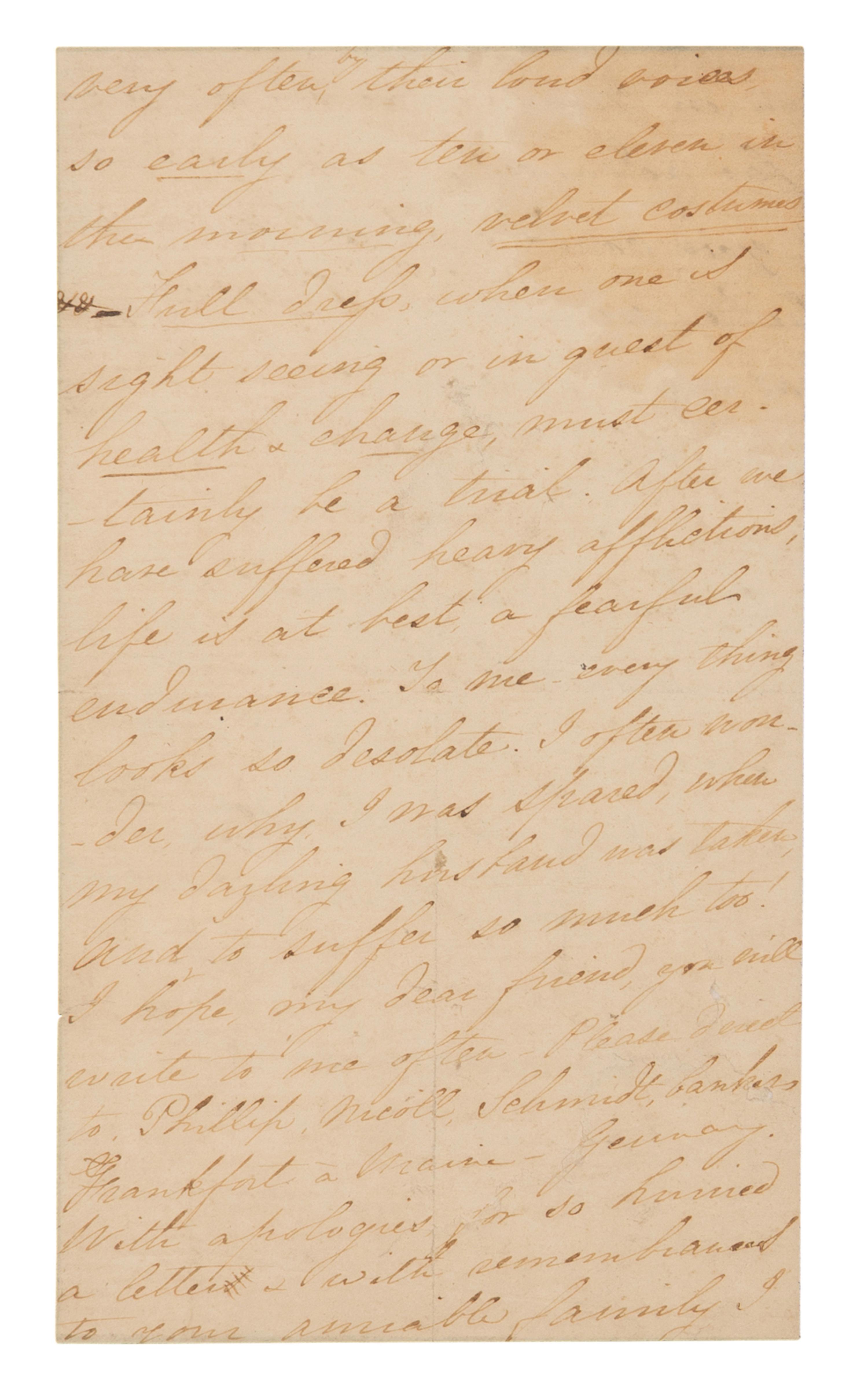 LINCOLN, Mary Todd (1818-1882). Autograph letter signed ("Mary Lincoln"), to Rhoda White, Nice, France, 16 March 1869.
